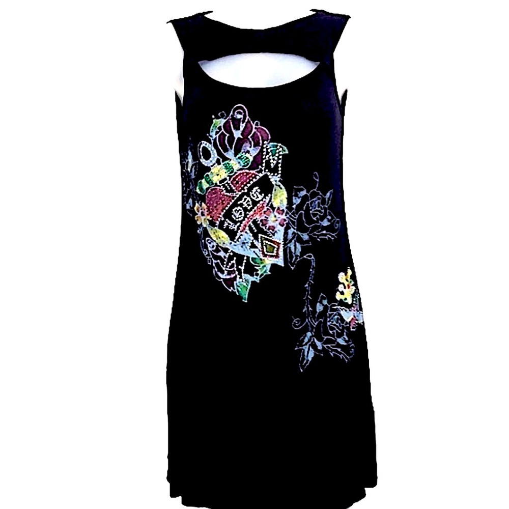 Y2K S-Twelve Beaded Heart Grenade Bomb Tattoo Style Cut Out Mini Dress M Black